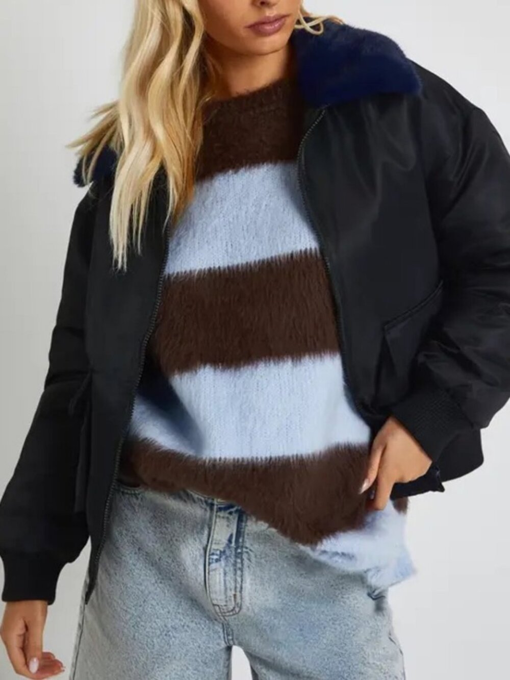 Eleven Paris Eluxy lace up sherpa collar bomber jacket black, navy unisex size M